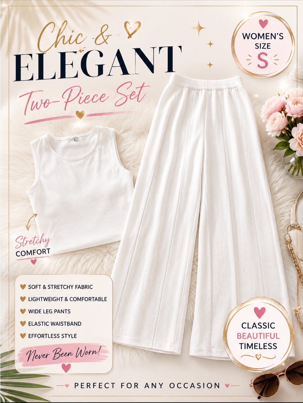 White Two-Piece Wide Leg Set. Size S